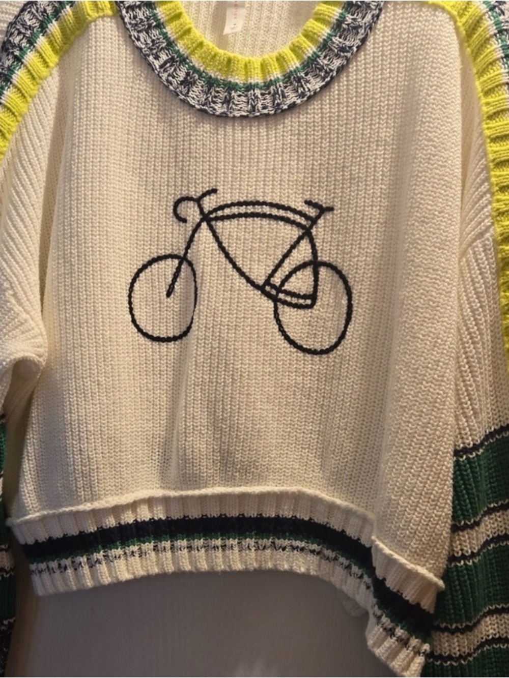 Anthropologie Cream Knit Bicycle Sweater with Green & Yellow Trim xs